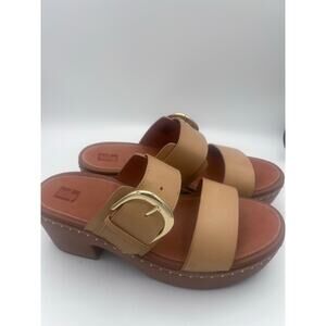 FitFlop Leather Slide Sandals with Buckle - Tan - Modern Comfort Footwear